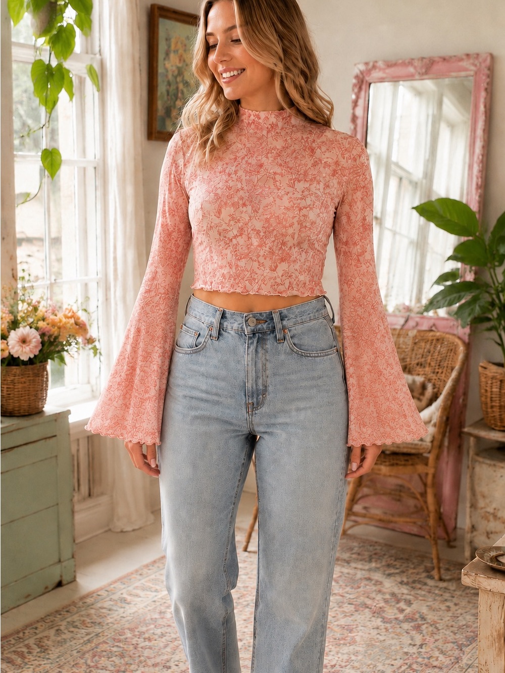 Lace Trim Long Bell Sleeve Crop Top - Pink
